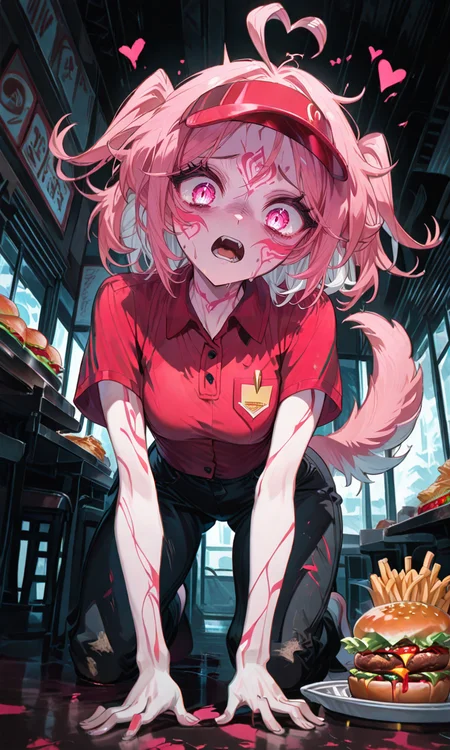 masterpiece,best quality,absurdres,very aesthetic,very awa,highres,newest,year 2024,year 2023,<lora:NLSTN-IL_1412568:1>,nlstn,glowing,dark,<lora:illustrious_quality_modifiers_masterpieces_v1_956369:0.7>,<lora:ponyv4_noob1_2_adamW-000017:0.7>,<lora:spo_sdxl_10ep_4k-data_lora_webui:0.6>,<lora:add-detail-xl:0.9>,<lora:KonyaKarasue-000008:0.4>,<lora:Isha_Illus_XL_1131795:0.6>,ishaILXL,heart ahoge,pink eyes,skinny,multicolored hair,white hair,pink hair,24 yo,24 year old girl,white eyelashes,dynamic background,detailed,womb tattoo,dynamic_angle,flat chest,looking at viewer,facial mark,
highres,hi res,best quality,masterpiece,anime coloring,1girl,(dog tail:1.1),large breasts,thick thighs,narrow waist,McUniform,employee uniform,polo shirt,red shirt,visor cap,black pants,scared,funny,dutch angle,naughty pose,looking at viewer,restaurant,solo,(all fours on floor:1.2),from below,tray with food on floor,dirty floor with food,burger,french fries,looking down,sad,open mouth,portrait,dynamic pose,cowboy shot,head tilt,