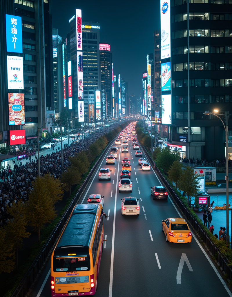 <lora:citybkgv2:1> citybkg, night, ambiance, detailed, buses, cars, billboards on highway, japan, futuristic, street marking, people, crowd, elevated highway, ground view, city lights, high buildings, neons,