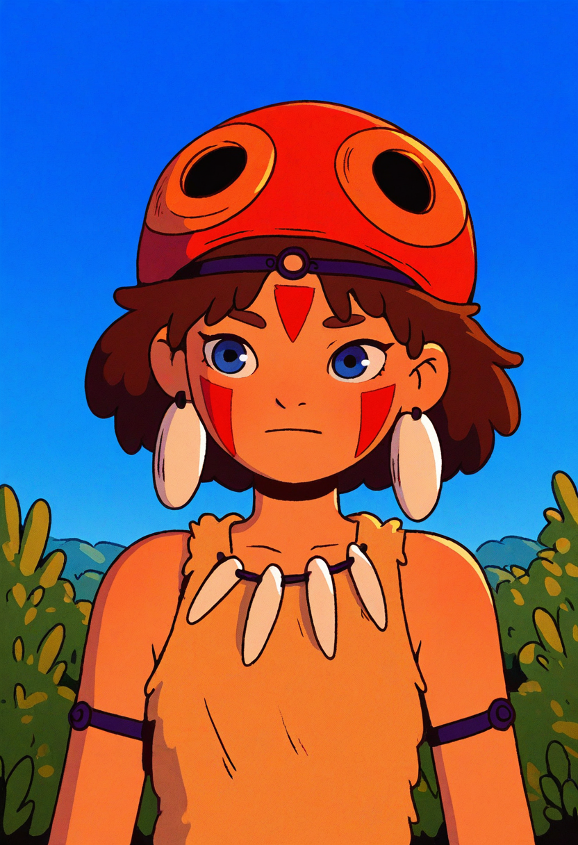 x3t4, masterpiece, cartoon,   best quality, detailed,  solo,   cute,        princess mononoke, blue eyes, tribal clothing, wooded trees, bushes,  area, blue sky, bust shot
