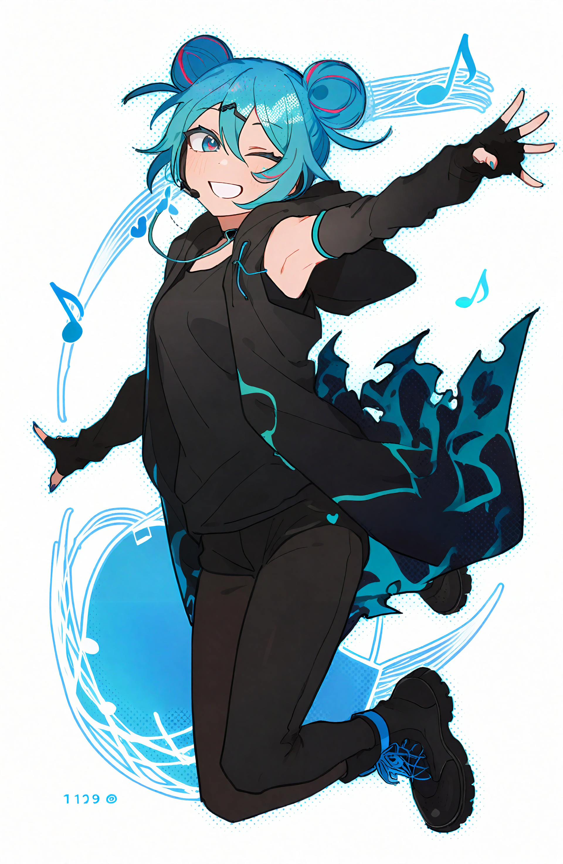 hatsune_miku, 1girl, solo, looking_at_viewer, smile, blue_eyes, shirt, white_background, gloves, hair_between_eyes, blue_hair, full_body, boots, one_eye_closed, sleeveless, black_gloves, pants, elbow_gloves, hood, fingerless_gloves, black_footwear, armpits, hair_bun, grin, black_shirt, double_bun, black_pants, hood_down, musical_note, headset, eighth_note