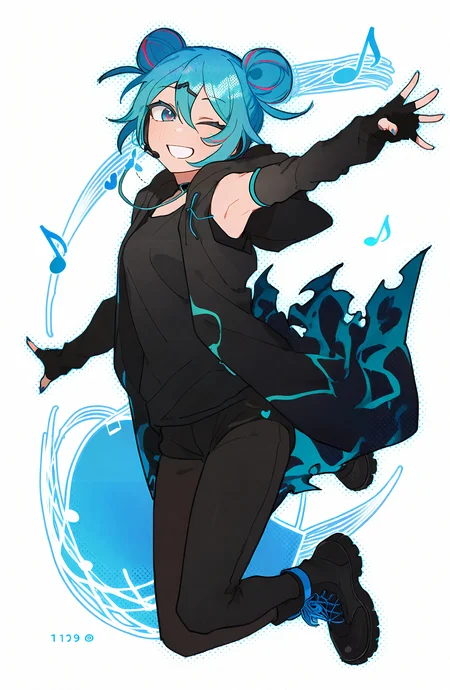 hatsune_miku, 1girl, solo, looking_at_viewer, smile, blue_eyes, shirt, white_background, gloves, hair_between_eyes, blue_hair, full_body, boots, one_eye_closed, sleeveless, black_gloves, pants, elbow_gloves, hood, fingerless_gloves, black_footwear, armpits, hair_bun, grin, black_shirt, double_bun, black_pants, hood_down, musical_note, headset, eighth_note