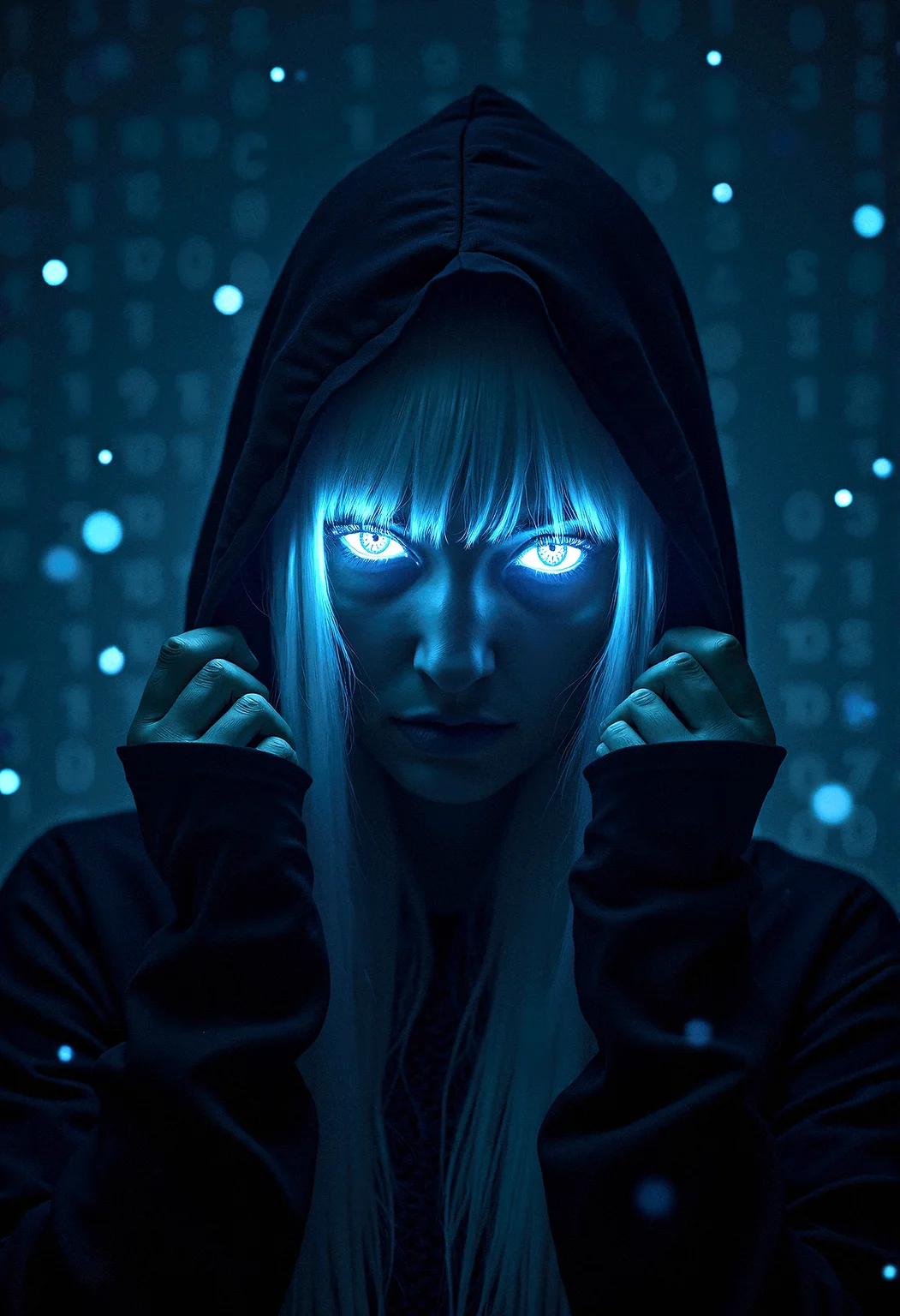 Photorealistic photography of a Tech priestess, A hooded person with with binary code pupils on her eyes, looking at viewer, her white hair glowing in the dark, with blue binary code floating around in a digital world. Hands raised to the hood, as if adjusting it.