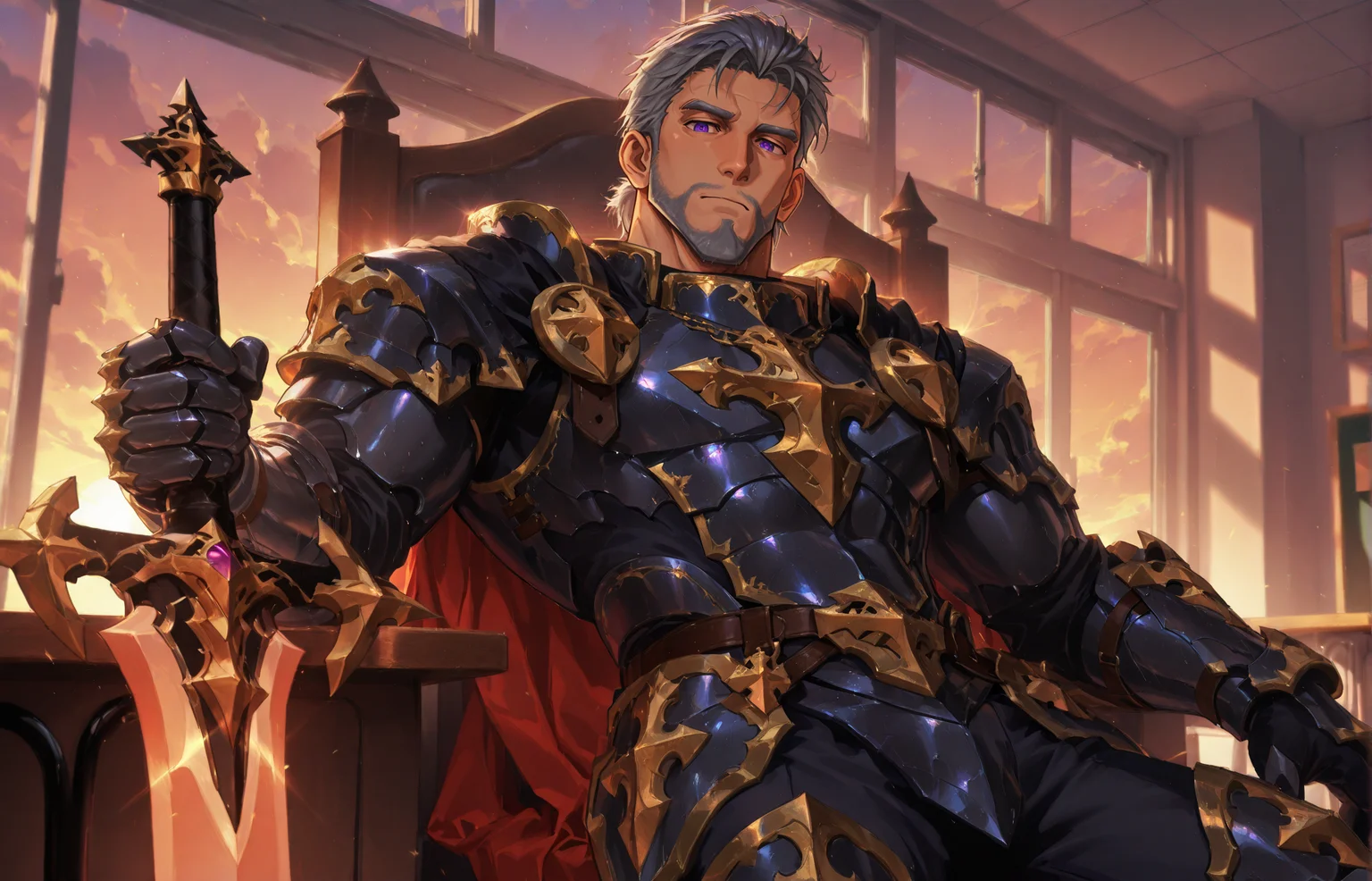 <lora:Lifeline_Style_V2_Illu_Edition-000015:1>, (llv2-illu), laying slouched on a chair, classroom, dusk, Close-up
<lora:face_Cadanova_Alchemist_Code_repair-000003:.6>, (tagatamecadanova, 1boy, short hair, grey hair, purple eyes, solo, male focus, mature male, muscle body, bara, armor, cape, greadsword, holding sword,)
looking at the viewer, cowboy shot,
(very short hair, beard, bara, mature, facial hair, stubble, beard, full beard, sideburn, beard, a lot of beard, ), facial hair,male focus, muscular male, muscular male, bara, mature, bara, mature, aixiwuganda_(20222192), very awa, masterpiece, best quality, absurdres, newest, perfect quality, detailed background, intricate details,
<lora:slider_Body Type_alpha1.0_rank4_noxattn_last:3><lora:Anime Summer Days 2 Style SDXL_LoRA_Pony Diffusion V6 XL:.6><lora:slider_cfg_scale_boost:.7><lora:Artist6p:.55>, Artist6p, Artist04p,<lora:slider_il_brightness_slider_d1:-1><lora:slider_il_contrast_slider_d1:-1><lora:slider_DarkSlider1.2_alpha1.0_rank16_full_300steps:-.6>