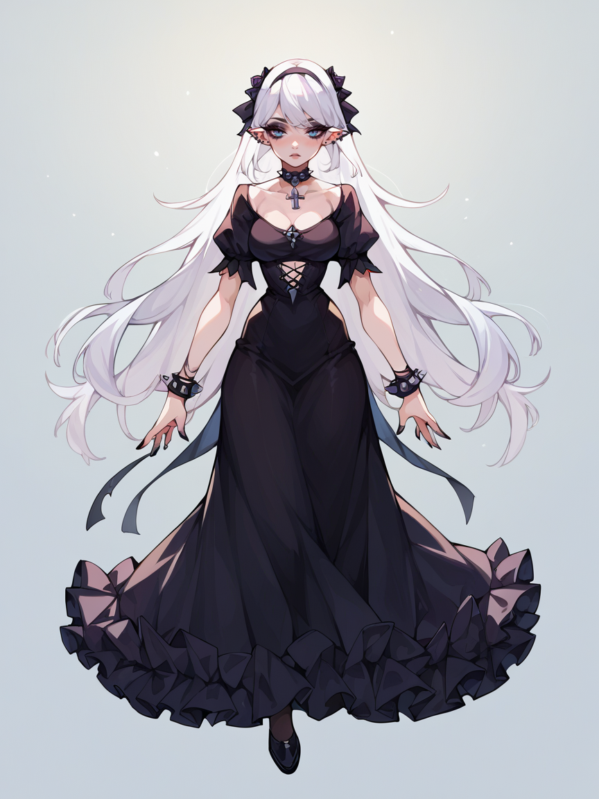 score_9, score_8_up, score_7_up, score_6_up, score_5_up,  <lora:b3yum1XLP:1> b3yum1, 1girl, curvy, long hair, thighhighs, dress, goth, white hair