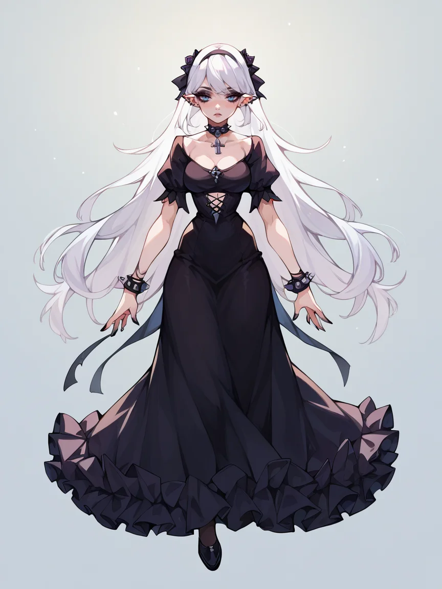 score_9, score_8_up, score_7_up, score_6_up, score_5_up,  <lora:b3yum1XLP:1> b3yum1, 1girl, curvy, long hair, thighhighs, dress, goth, white hair