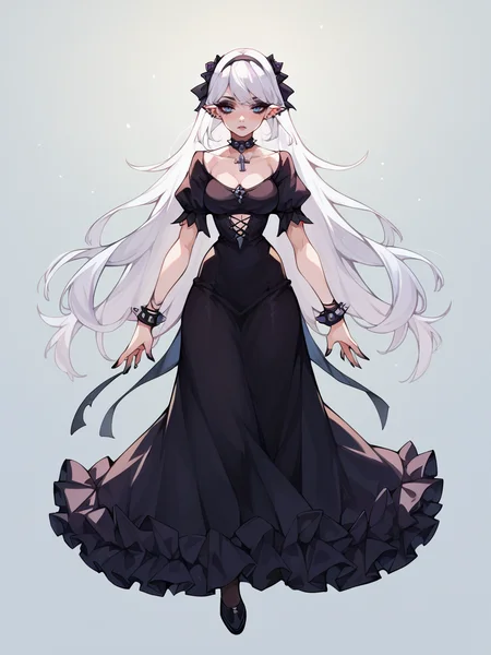 score_9, score_8_up, score_7_up, score_6_up, score_5_up,  <lora:b3yum1XLP:1> b3yum1, 1girl, curvy, long hair, thighhighs, dress, goth, white hair