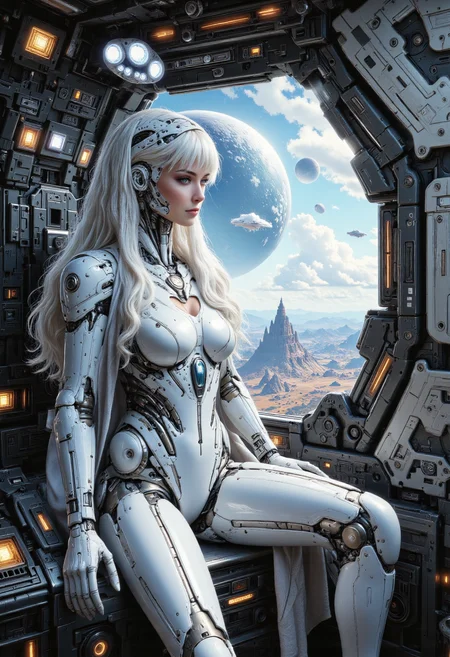 Exotic alien explorer, white armored robot, petite frame, next to window, armor made of smooth crystal bones, looking out spacecraft window down at another world with an extraterrestrial landscape, unreal steppe, wearing white cloak, long white hair, exotic alien exploreration space ships landed in distance, fantasy dream, starry sky with distant large planets, ancient civilization ruins in background, 8k uhd, perfectly balanced, pixar style, abstract multilayer texture, by Jeremy Mann, striking elegant aesthetic ship design, soogsx, cyborg legs, cyborg flat breast, holding futuristic pulse rifle, <lora:FLUX - DreamArt Style:0.5> <lora:FLUX - Image Upgrader - Detail Maximizer:0.5> <lora:FLUX - ROBOT-V3:0.7> <lora:FLUX - Meets Midjourney V6.1:0.5> <lora:FLUX - Armat_M41A_Pulse_Rifle_-_Aliens:1.0>