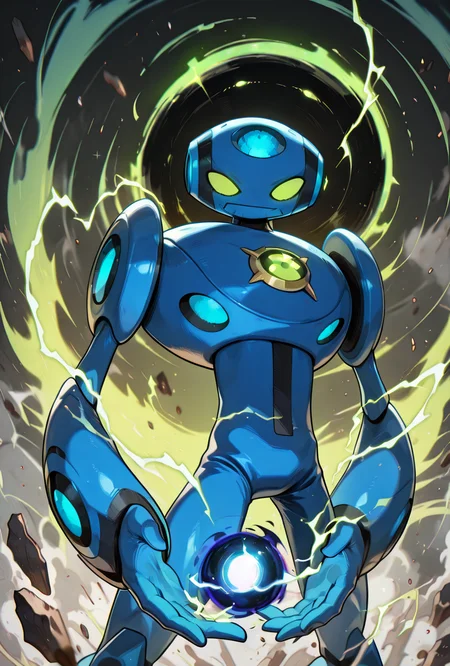 <lora:ulteco-05:1> ulteco, pokemon (creature),blue robot, green eyes, closed mouth,  <lora:DragonballHype_IXL:1> glowing eyes, ,, , electricity, , aura, , debris, , energy ball, , black hole,, masterpiece, best quality, amazing quality, very aesthetic, absurdres, newest,
