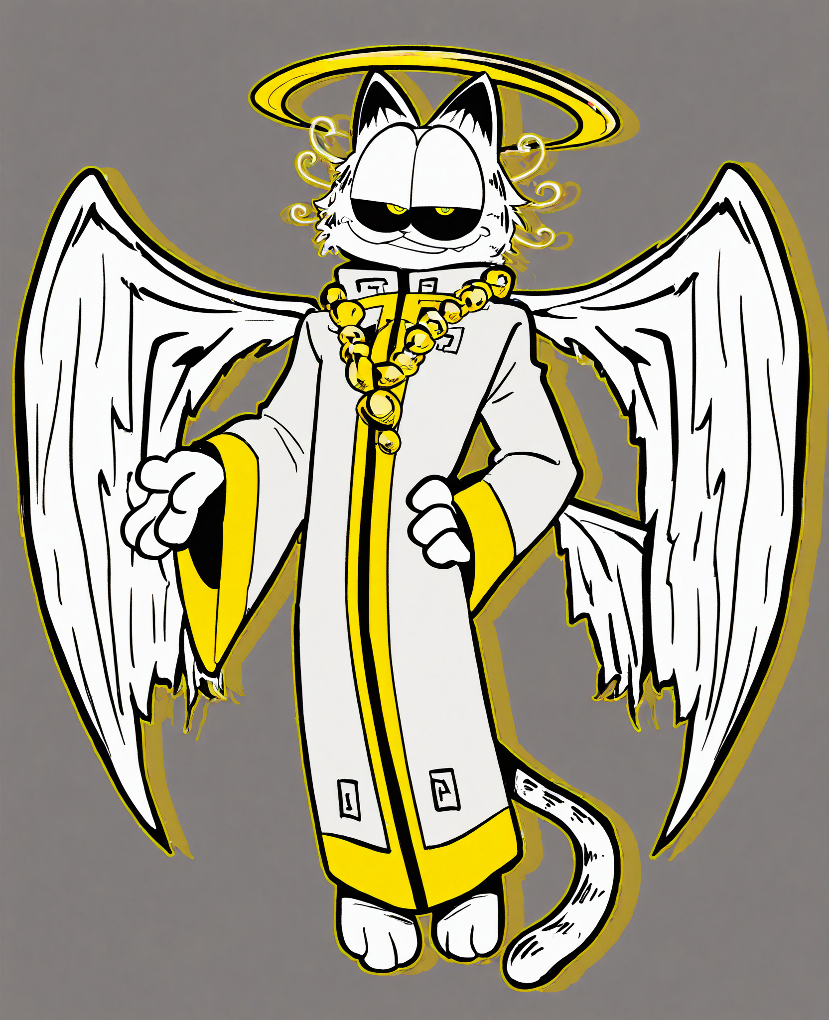 <lora:Godfield_illustrious-000015:1.0>, score_9, score_8_up, score_7_up, 1boy, solo, anthro, furry, no humans, godfield, cat ears, solo, black sclera, yellow eyes, white fur, robe, yellow accents, halo, wings, standing, hand on hip, wink, light gray background, simple background