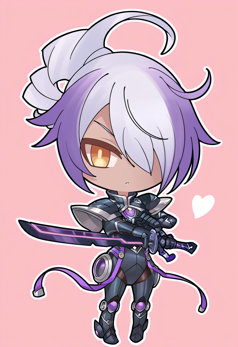 (score_9:0.9),score_8_up,score_7_up,anime style,rating_safe,(zPDXL),<lora:Sky striker ace - azalea ponyXL v2:0.85>,sky striker ace - azalea, black battle suit, weapon, solo, chibi, ahoge, holding, full body, holding weapon, looking at viewer, holding purple katana, purple katana