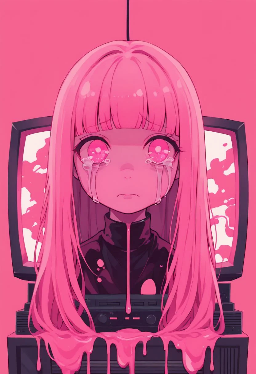did vaporwave style, 1girl, solo, television, pink theme, pink background, long hair, dripping, looking at viewer, blunt bangs, simple background, upper body, pink eyes, crying, tears, crying with eyes open, closed mouth, liquid, pink blood, zPDXL2