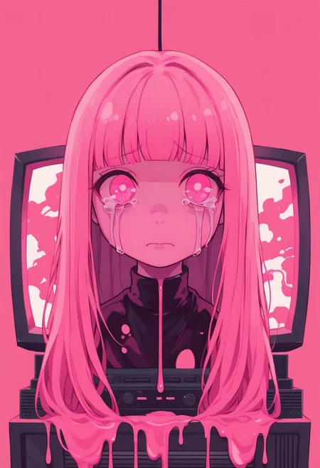 did vaporwave style, 1girl, solo, television, pink theme, pink background, long hair, dripping, looking at viewer, blunt bangs, simple background, upper body, pink eyes, crying, tears, crying with eyes open, closed mouth, liquid, pink blood, zPDXL2