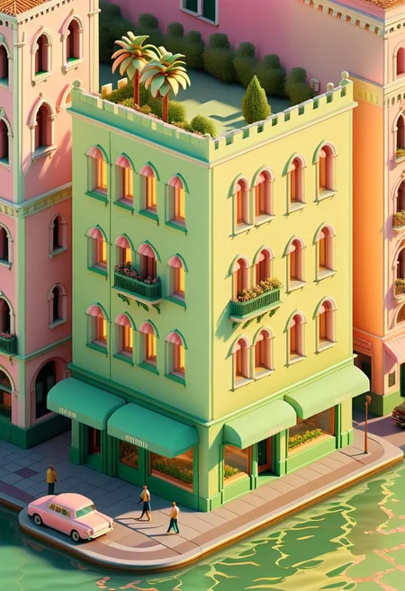 ispzxll, no humans, dioramaplant, isometric, miniature, futuristic soviet-inspired venice building street scene, seaform-green and pale-pink pastel colors, golden hour, long shadows, volumetric lighting style, pedestrians and cars, storefronts, epic architecture, ultra-detailed, 8k