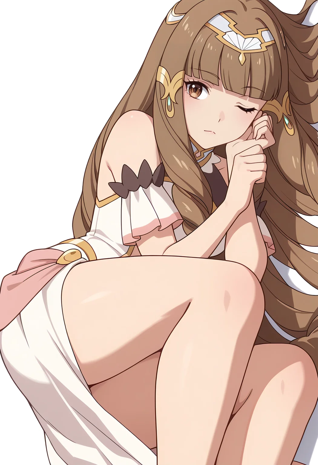 Smooth Quality,masterpiece,very intricate, high quality details, ultra realistic, high detailed skin,detailed enviorement,
white background, simple background, 
sideways,;<,curled fingers,lying on side, one arm supporting head, relaxed legs, soft smile, casual vibe,  ,
 <lora:Klyrode_Elizabeth_Cinabrio:0.8> klyrodeelizabeth/cnn, 1girl,brown hair, long hair,brown eyes, blunt bangs, very long hair,
drill hair, princessdress/cnn, tiara,jewelry,hair ornament,