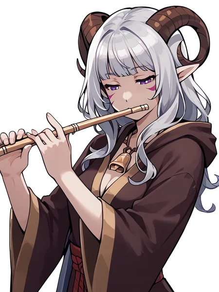 <lora:flute:0.8> flute, holding instrument,, source_furry, score_7_up, rating_safe, cowboy shot, gold necklace, tiefing, short pointed ears,brown horns, (a pair of brown sheep Horns that begin at her temples and curve back: 1.5), bangs,long silver hair long wavy hair, pale skin,<lora:whisker_markings:0.8> whisker_markings:1.4 , pointy ears, purple eyes:1.2, <lora:age_slider_v4:0.6> medium breasts, skinny female, close up, silver hair, <lora:Tieflingnew weird fantasyDND:0.3> Tiefling, pointed ears, horns, half-closed eyes:1.5,<lora:Smooth Style 2 SDXL_LoRA_Pony Diffusion V6 XL:0.5> shepherd's crook, bell, robe, hood off, <lora:Nanoless_Artist_Style_PonyXL:0.3> shaded face:1.2,