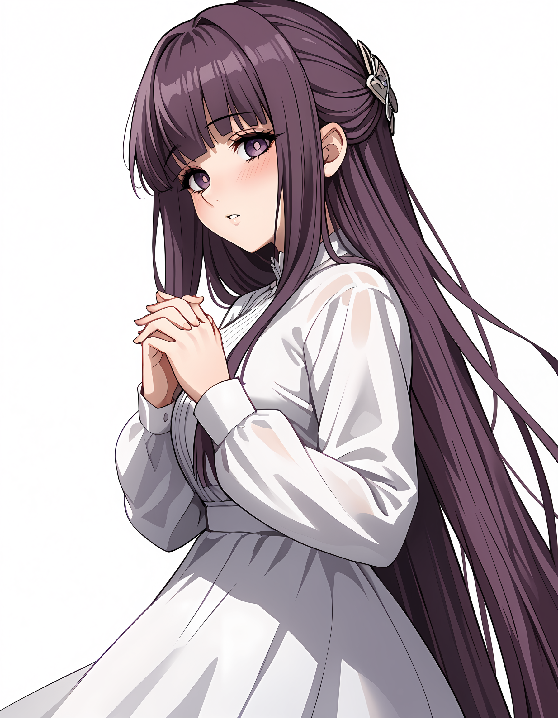 <lora:Frern:1>f3rn, 1girl, white dress, looking at viewer, white background, simple background, long sleeves, hair ornament, parted lips, own hands together, from side, long dress, blush