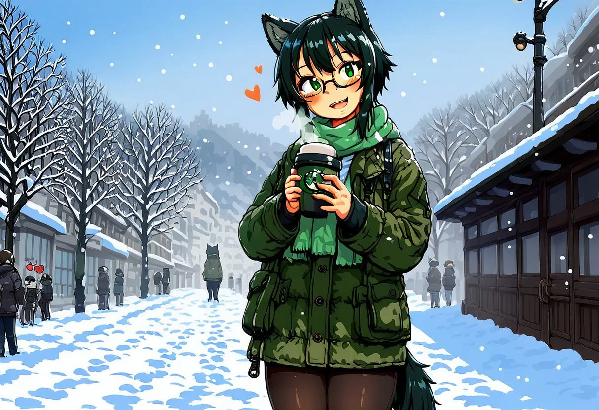 score_9, score_8_up, (solo female), 1girl, Vesna, wolf tail, wolf ears, cute, beautiful, head tilt, Chinese, petite, hearts around head, black hair, short hair, green eyes, glasses, small breasts, thick thighs, nice ass, soft smile, shy, blush, open mouth, winter clothes, coat, shirt, leggings, scarf, snow, snowy city, modern Japanese city, crowds in background, standing, coffee cup in hand, warm coffee cup, looking at viewer, steamy breath, snowfall