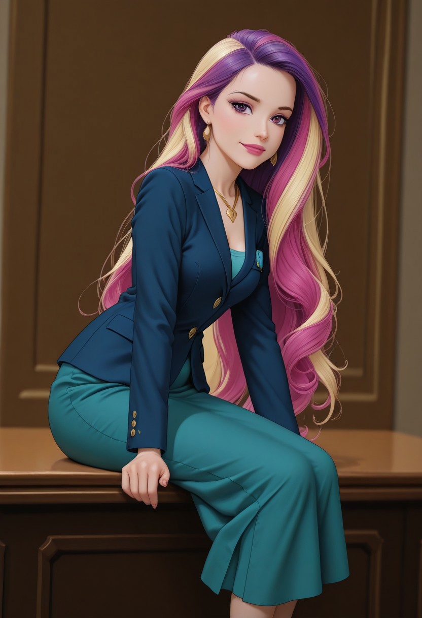 score_9, score_8_up, score_7_up, source_anime, masterpiece, masterpiece, best quality, 
reishad, solo, 1girl, female focus, grown adult, 35 years old, light smile
BREAK
irl, realistic style, 
BREAK
detailed skin, detailed face, dynamic pose,  
BREAK,
breasts, sexy, lipstick
screencap,  DisneyRenstyle
Dean cadance, long hair, very long hair, purple eyes, pink hair, purple hair, multicolored hair, three-tone hair, ((blonde, magenta and purple hair)), eyelashes, makeup, eyeshadow, lipstick
skirt, formal, suit, golden necklace, blue blazer, aqua shirt, teal skirt, golden high heels, cutie mark
 depth of field, irl, realistic style, sitting, side view, sexy, sultry pose, cowboy shot, dutch angle,