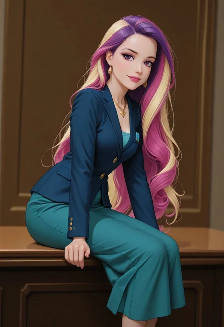 score_9, score_8_up, score_7_up, source_anime, masterpiece, masterpiece, best quality, 
reishad, solo, 1girl, female focus, grown adult, 35 years old, light smile
BREAK
irl, realistic style, 
BREAK
detailed skin, detailed face, dynamic pose,  
BREAK,
breasts, sexy, lipstick
screencap,  DisneyRenstyle
Dean cadance, long hair, very long hair, purple eyes, pink hair, purple hair, multicolored hair, three-tone hair, ((blonde, magenta and purple hair)), eyelashes, makeup, eyeshadow, lipstick
skirt, formal, suit, golden necklace, blue blazer, aqua shirt, teal skirt, golden high heels, cutie mark
 depth of field, irl, realistic style, sitting, side view, sexy, sultry pose, cowboy shot, dutch angle,
