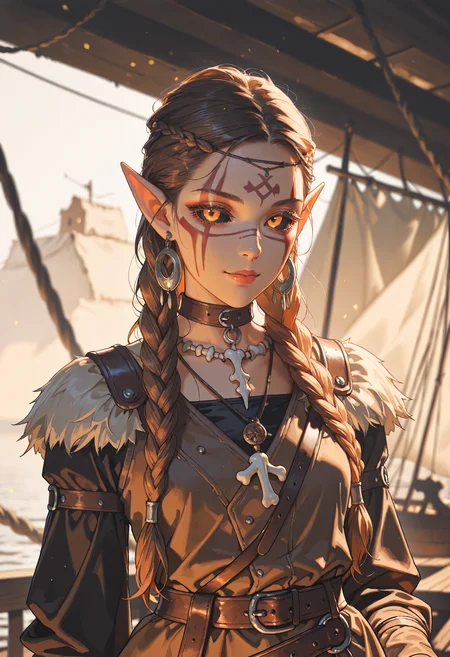 (high_quality, newest, incredibly_absurdres, very aesthetic, zbrush_\(artwork\), digital_painting_\(artwork\), flat_colors, anime_coloring)
(HVC-Illu, viking, ship, medieval_fantasy, seductive, brown_theme, black_sclera, white_eyelashes, earrings, braided_hair, bone_necklace, belt_collar, 1girl, solo, jewelry, looking at viewer, pointy ears, facepaint, earrings, blurry, facial mark, lips)