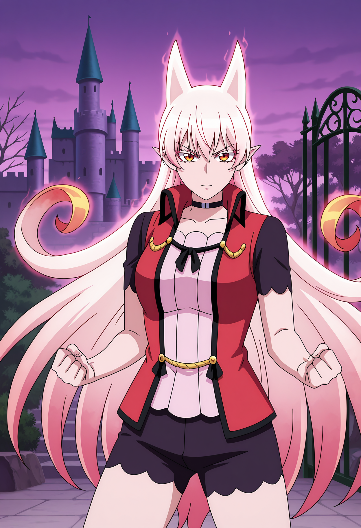 anime screencap, masterpiece, best quality,
<lora:MairimashitaIruma-Kun_AzazelAmeri_IlluXL:0.9>,
1girl, solo, serious, 
hair horns, curly hair, very long hair, hair between eyes, gradient hair, glowing hair, white hair, pink hair, orange eyes, pointy ears, colored eyelashes, aura,
black choker, open vest, red vest, verical-striped shirt, pink shirt, short sleeves, black sleeves, short shorts, black shorts,
fighting stance, looking at viewer,
outdoors, purple sky, gate, castle, foliage, dead tree