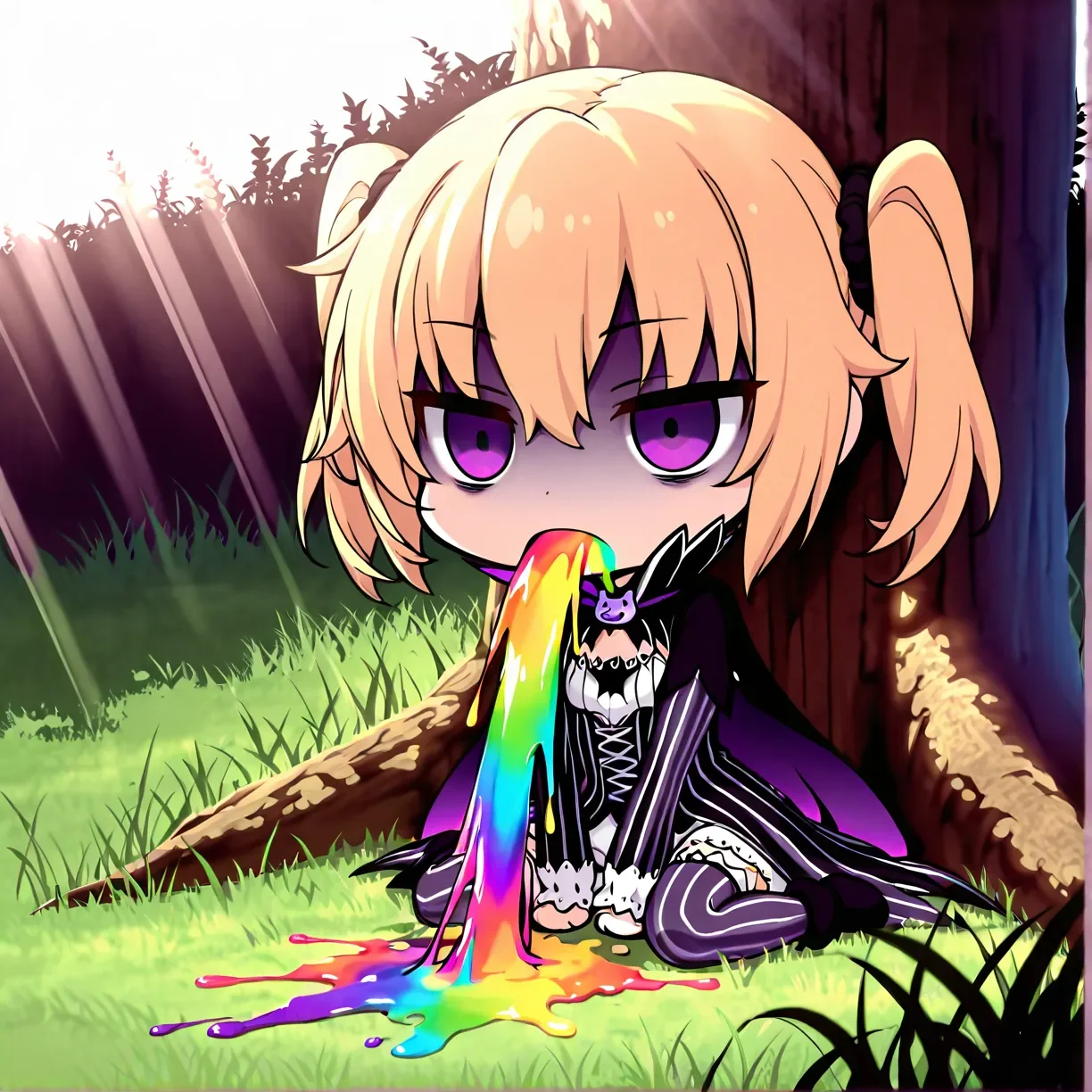 masterpiece,best quality,very aesthetic,highres,absurdres,1girl,<lora:NRpatricia_ilv1:1>,nrp4t0,blonde hair,tsurime,twintails,cat brooch,against tree,wariza,chibi,vomiting,rainbow vomit,gloomy look,grass,sunlight,underworld costume,purple eyes,