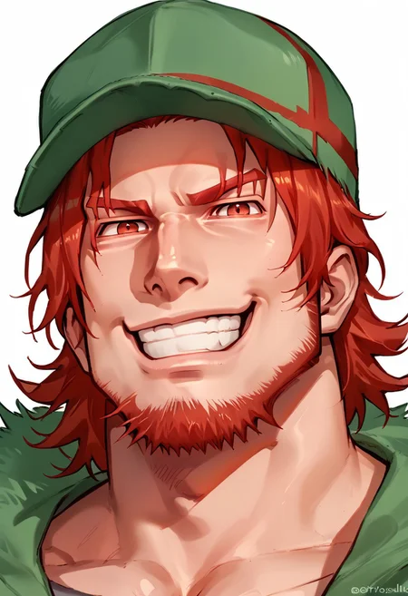 score_9, score_8_up, score_7_up, source_anime, solo, 1boy, qt@ro, red hair, goatee, green baseball cap, smirk, red eyes, muscular, portrait,