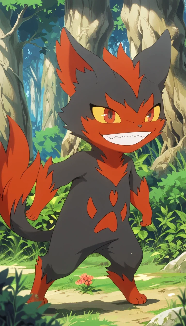 beats, male, furry male, furry, pokemon (creature), no humans, solo, outdoors, tree, grass, nature, yellow sclera, smile, forest, grin, colored sclera, day, red eyes, standing, full body, teeth