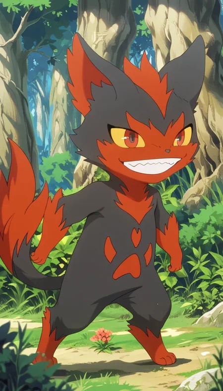 beats, male, furry male, furry, pokemon (creature), no humans, solo, outdoors, tree, grass, nature, yellow sclera, smile, forest, grin, colored sclera, day, red eyes, standing, full body, teeth