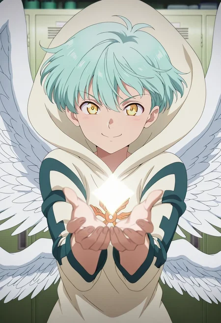 masterpiece, best quality, , anime screencap, , , looking at viewer, 1boy, solo, male focus, <lora:sariel_nnt_ilxl:0.94>, sariel_nnt, aqua hair, yellow eyes, short hair, angel wings, feathered wings, hood, upper body, locker room, light, (dynamic pose), happy,