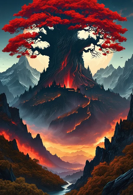 A captivating night scene illustration featuring a forboding and mighty giant great tree on a great mountain. The great mighty tree is like Neuschwanstein Castle in Bavaria. This enchanting artwork captures a dark and ominous night, where an ominous red bloodmoon hangs above and over the tree covered mountain range and great giant mighty tree which stands resolute amidst the great mountains, flying spaceships flying around, creating a cinematic experience., illustration, cinematic
<lora:DonM3t3rn1tyXL-v1.1:0.7>, DonM3t3rn1tyXL,
OverallDetailXL <lora:MJ52:0.3> <lora:SDXLFaeTastic2400:0.4> <lora:EpicF4nta5yXL:0.7>