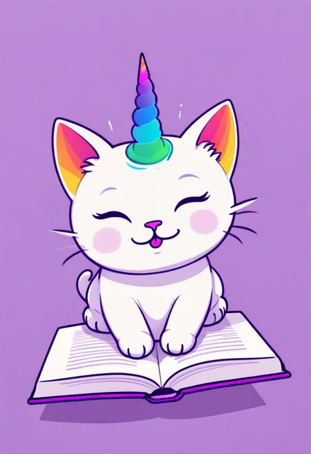 A simple doodle of an adorable cat with rainbow colored horns, lying on its side and reading a book. The background is purple, and the design includes minimalistic lines for a cute clipart style. It has a flat design aesthetic with vector art elements. Tshirt design graphic, vector graphics only, bold outlines, contour, white space around tshirt designs. Isolated on a pastel lavender color background.