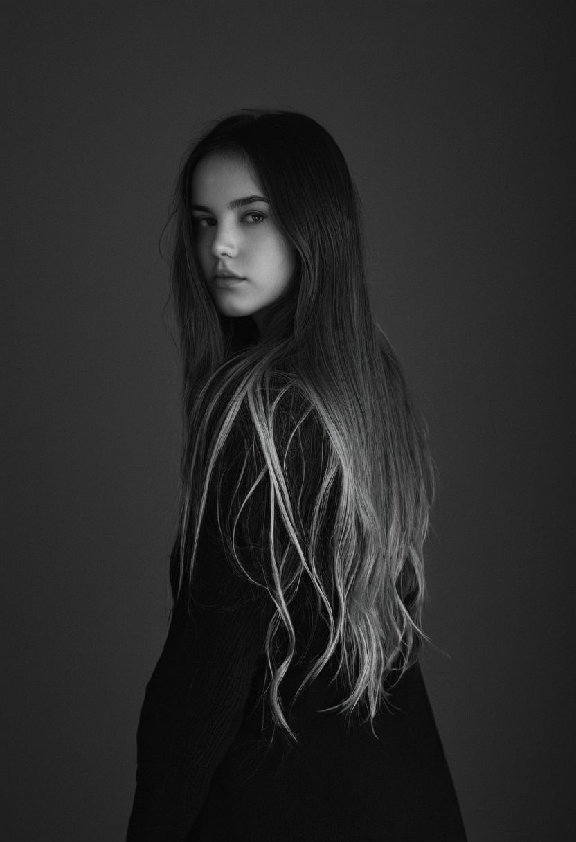 cinematic film still fashion photography portrait of 1girl,grainy, black and white, backside,  flawless hairs, high contrasts look,, (subtle gradient backdrop:1.1), (tranquil yet evocative:1.2), (conceptual portraiture:1.3), (play on perception:1.2), Canon EOS 5D Mark III, 1/160s, f/8, ISO 100, (surreal calm:1.1), (visual metaphor:1.3),—vignette effect, matt finish, monochrome.