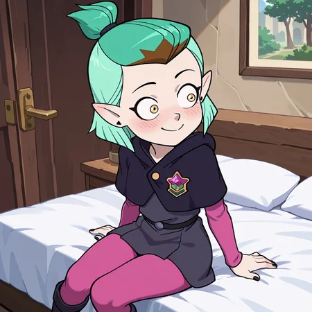 masterpiece, best quality, amazing quality, very aesthetic, absurdres, newest, score_9, score_8_up, 1girl, amity blight, green hair, yellow eyes, short hair, topknot, multicolored hair, pointy ears, earrings, black nails, hexside uniform, hooded caplet, hood down, grey tunic, tunic, long sleeves, pink sleeves, pink leggings, leggings, black boots, sitting, smile, blushing, big chest, large breats, large hips, cute, adorable, happy, bedroom, blue bed, 2d,
