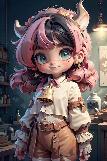highres, masterpiece, perfect lighting, bloom, cinematic lighting, adult, perfect skin, female, looking at viewer, (RSEEmma:1.5), CWT, cattlepunkai, bell, cow_ears, cow_horns, cowbell, chibi, <lora:RSERomantic_RSESofiko_RSEEmma-v1:0.3>,<lora:breastinClass:0.2>, vivid green eyes, thick eyebrows, parted bangs, black hair:pink hair, freckles, long flowing hair, ponytail, :), smile, <lyco:CowGirl:0.5> <lyco:SteamPunkBundleV3:0.7> <lora:chibi-v1:1>