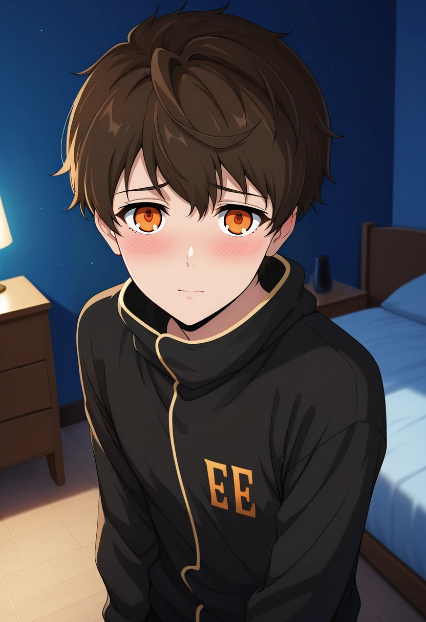 masterpiece, best quality, , semi-realistic, looking at viewer, 1boy, solo, male focus, <lora:twenty-fifth_bam_ilxl:1>, twenty-fifth_bam, brown hair, orange eyes, short hair, , panorama, bedroom, bed, nightstand, dawn, floating, shy, blush, luau costume