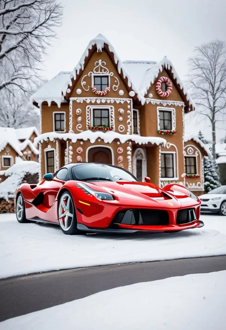 Ferrari laferrari,winter ,in front of house.Christmas<lora:GingerbreadStyle_epoch_10:0.7>