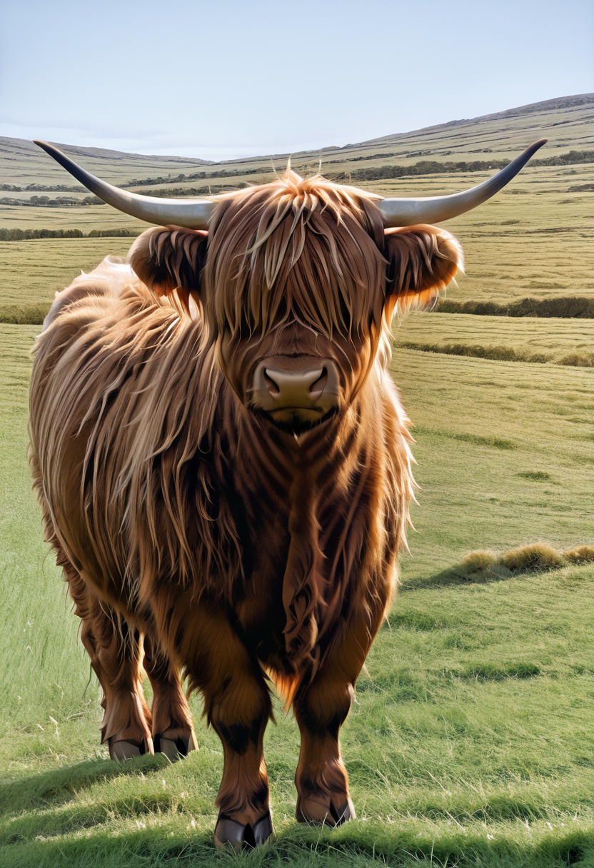 masterpiece, best quality,    zzCow, outdoors, sky, day, blue sky, grass, field, hair over eyes,  ,<lora:HighlandCow_IXL:1.0>,
