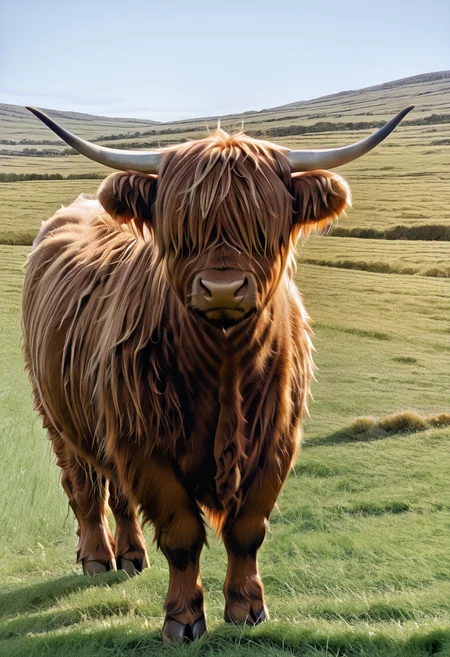 masterpiece, best quality, zzCow, outdoors, sky, day, blue sky, grass, field, hair over eyes, ,<lora:HighlandCow_IXL:1.0>,
