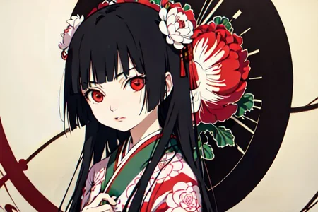 enma ai, hair down, hair black, bangs, eyes red, masterpiece, best quality, ultra-detailed, illustration, 1girl, solo, highres, photorealistic, ultra high res, (Original illustration composition), (fusion of limited color,Maximalism artstyle, kimono obi fashion, double exposure, background, illustration, Amazing, lily spider, night darkness, open one's mouth, fingers, bouquet flowers red, low twintails, (polychromatic peony:1.15), Movie poster,
