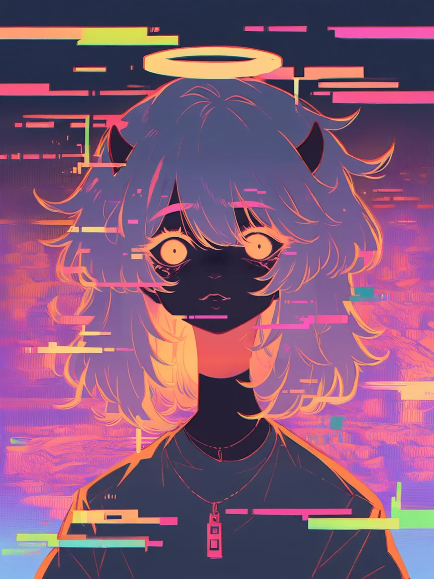 score_9, score_8_up, score_7_up, score_6_up, score_5_up, score_4_up,   <lora:gl1tchXLP:1> gl1tch, 1girl, glitch, portrait, angel, horns, noise,  curvy, pinup, full body,