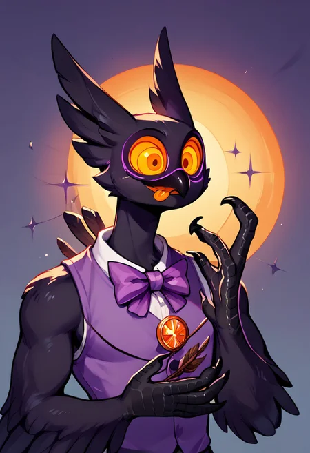 Barnaby, 1boy, yellow eyes, orange sclera, black body, long neck, feathers, bird feet, winged arms, bird tail, black beak, purple vest, sleeveless, purple bowtie, orange tongue, avian, furry, anthro, ghost, owl, spirit, digitigrade, no humans, perfect anatomy, solo, (insanely detailed, beautiful detailed face, masterpiece, cinematic lighting, detailed hands, detailed face, best quality), (sharp), score_9_up, score_8_up, score_7_up, score_6_up, highest quality, 8K, RAW photo, source_anime, perfect face, perfect hands, upper body