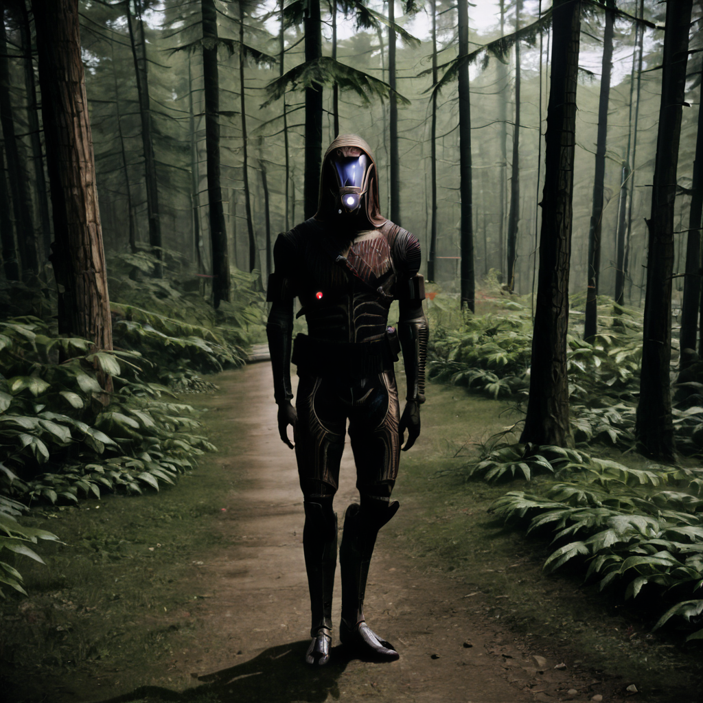<lora:Mass_Effect_Quarians_PONY:0.85>, quarian, 1boy, standing, pink, wide hips, <lora:photov3:1>, realistic, style, FOREST,
