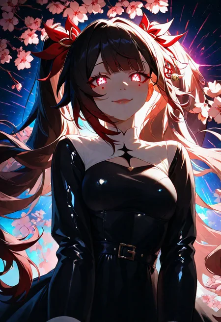 1girl, Sparkle Honkai Star Rail, glowing eyes, lips, thin lips, solo, mischievous smile, twin tail ponytails, rugged latex nun habit, viewed from above, holding a flowers, body, from below, back lighting, multicolored background, cherry blossoms, masterpiece, best quality, very aesthetic, absurdres, raytracing, ultra-detailed,