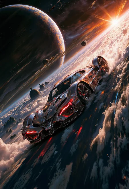 DB4RZ style painting,(in Otomo Katsuhiro style:1.2), rmbt, a sleek, silver car with glowing red eyes zooms through the vast expanse of space. The sun sets behind it, casting an orange glow on the horizon. In the distance, Cosy, (elaborate fine details:1.1), (hyperdetailed:1.1), (intricate details:1.0), (Refined details:1.1), (best quality:1.1), (high resolution:1.2), <lora:FLUX\Anime v1.3:0.6> <lora:FLUX\Elden_Ring_-_Yoshitaka_Amano:0.5> <lora:FLUX\RetroAnimeFluxV1:0.4> <lora:FLUX\Comic book V2:0.8> <lora:FLUX\PrismaticPersona:0.7>