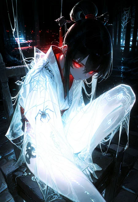 masterpiece, best quality, amazing quality, very aesthetic, absurdres, newest, volumetric lighting, holographic colors, cute, gradient colors, dark background, masterpiece, best quality, amazing quality, very aesthetic, absurdres, newest, volumetric lighting,1girl,
BREAK
nsfw,
ambient occlusion, raytracing, soft lighting, blum effect, masterpiece, absolutely eye-catching, particles, glow, shining, intricate cinematic background, (beautiful face),
BREAK
masterpiece, highly detailed,1girl,beautiful eyes, big eyes, detailed eyes, detailed pupils, perfect body, dynamic pose,
(sexy, slutty, hot)
Atlach-Nacha, red eyes, forehead eyes red eyes, glowing eyes, silk clothes, black hair, high ponytail, sitting, stone chair,
spider web, silver light, dark theme,
<lora:spo_sdxl_10ep_4k-data_lora_webui:0.6> <lora:ponyv5_noobV065S_1_adamW-000013:0.7> <lora:USNR_STYLE_XL_lokr:0.45> <lora:GBF_Illustrious:0.4> <lora:748cmSDXL:0.8>
