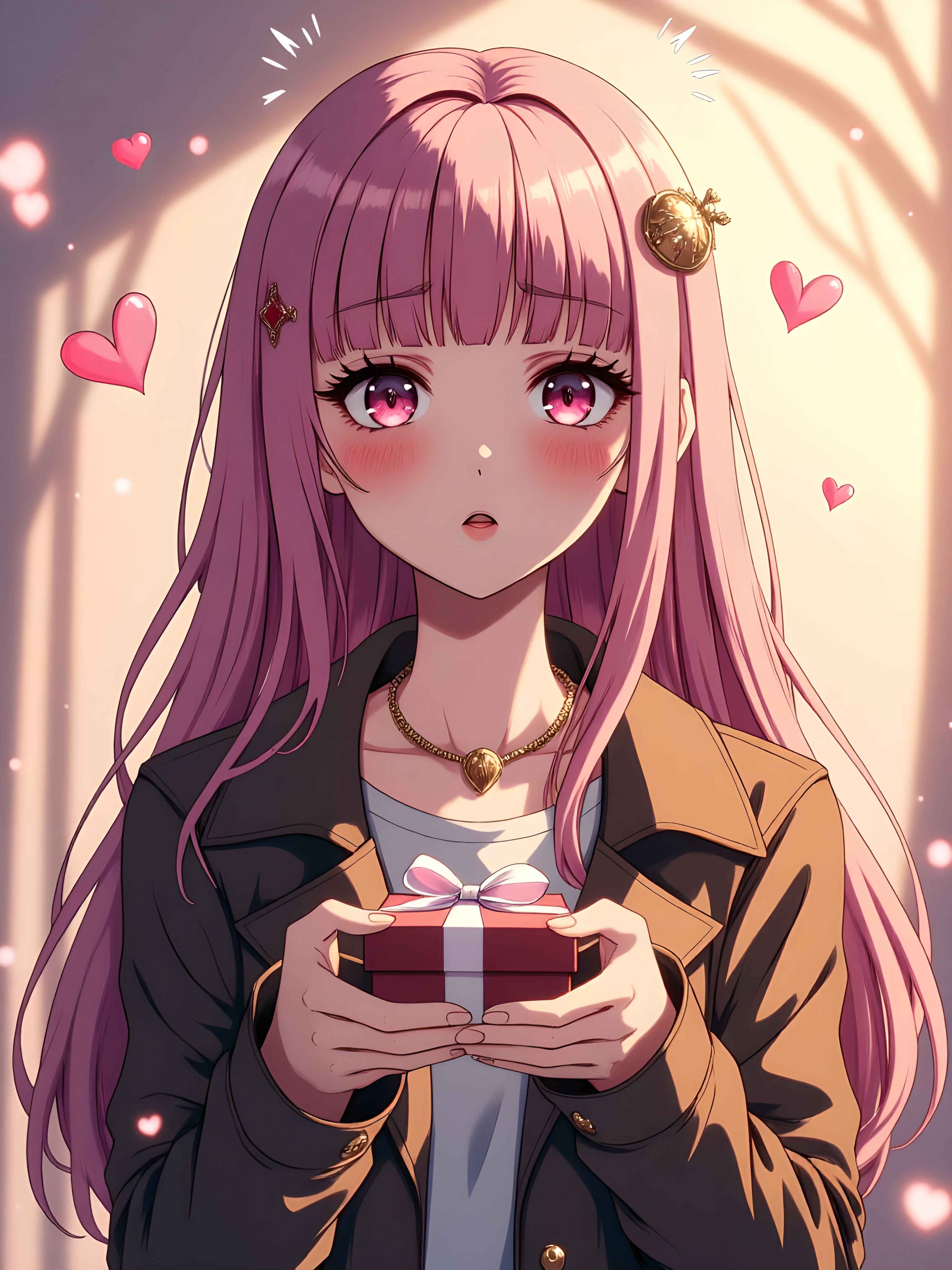 A shy woman with long, pink hair and blunt bangs stands before the viewer, her pink eyes shimmering with nervous excitement. A deep blush spreads across her cheeks, and her slightly open mouth suggests she is hesitating, struggling to find the right words. She wears a brown coat with long sleeves, the fabric slightly wrinkled from clutching a neatly wrapped gift box—a small box of chocolates, tied with a delicate ribbon. Her hands tremble slightly as she extends the present forward, embodying the essence of an incoming Valentine’s gift. The background is a soft, blurry haze, adding a dreamlike quality to the moment. Gentle film grain enhances the warmth of the scene. A small heart seems to float near her head, symbolizing her flustered emotions, and faint traces of spoken blush suggest she's murmuring a few nervous words. A delicate pendant rests against her chest, catching the light as she tilts her head slightly, looking directly at the viewer with hopeful anticipation. Tiny head wings flutter slightly, adding a whimsical touch, while subtle wings in the background suggest an ethereal presence. The overall atmosphere is soft and romantic, perfectly capturing the tender, heart-racing moment of a Valentine’s confession. aidmaimageupgrader, aidmaMJ6.1m, detailmaximizer, mythp0rt, ne0nfant4sy, drkfnts, hkmagic, vantablack <lora:aidmaImageUpgrader-FLUX-V0.2:0.8> <lora:aidmaMJ6.1_aidmaMJ6.1-FLUX-v0.4:0.7> <lora:ne0nfant4sy_NeonFantasyPrimeFLUX-000049:0.7>