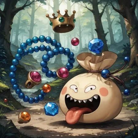 score_9,score_8_up,score_7_up,super detailed,extreme detailed,full_body,zPDXL,source anime,forest BREAK no humans,no_legs,multiple_monsters,
<lora:Pony_DetailV2.0:1> BREAK goodybag_(dq),crown,gem,necklace,teeth,tongue,tongue out,<lora:goodybag_(dq):0.9>,looking at viewer,