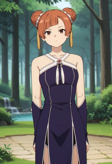 score_9, score_8_up, score_7_up, source_anime,
<lora:SousouNoFrieren_LaufenXL:0.8>, LaufenSSnF,
1girl, solo, closed mouth,
orange hair, short hair, hair bun, brown eyes, tassel,
china dress, purple dress, sleeveless, halterneck, bridal gauntlets,
standing, looking at the viewer, arms behind back,
fantasy, medieval, photo background, forest, tree, moss, stream, stone, leaf, maple tree, grass, nature, blurry background