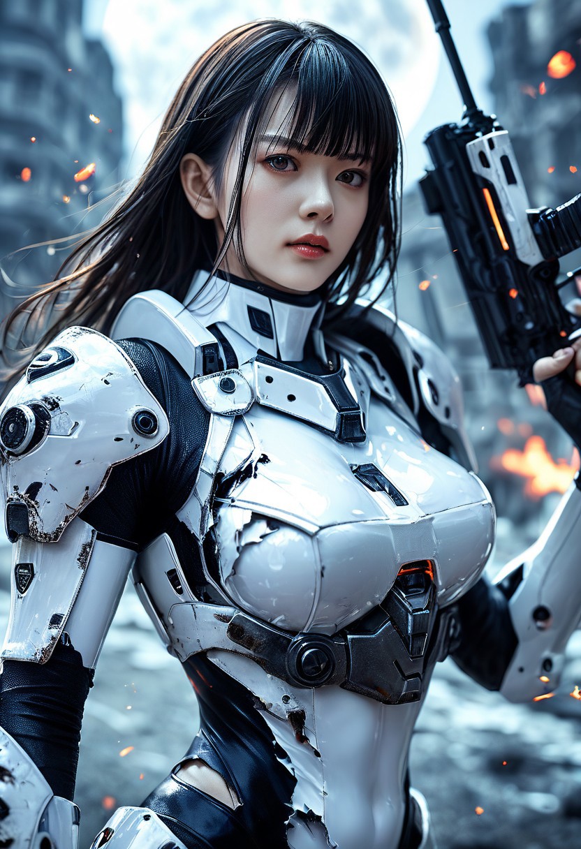 score_9, score_8_up, score_7_up, realistic skin texture, detailed anime, HD32k, sci-fi, 1girl, solo, bangs, on a battlefield in a moon city, white and black armor, ripped and torn bodysuit, skin tight, holding, firing railgun, firing weapon, closeup of face, photography, detailed face, mecha armour